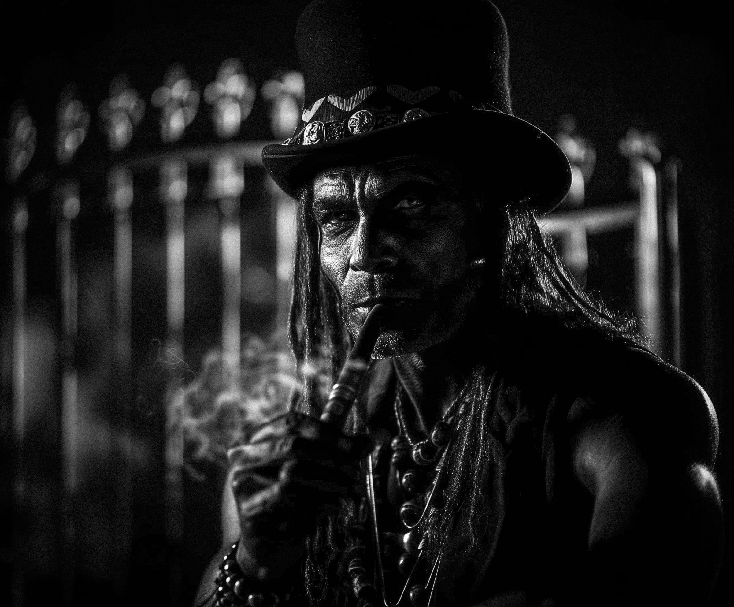 Papa Legba in ceremonial garb smoking a pipe in shadow embodying tobacco’s dark spiritual symbolism.