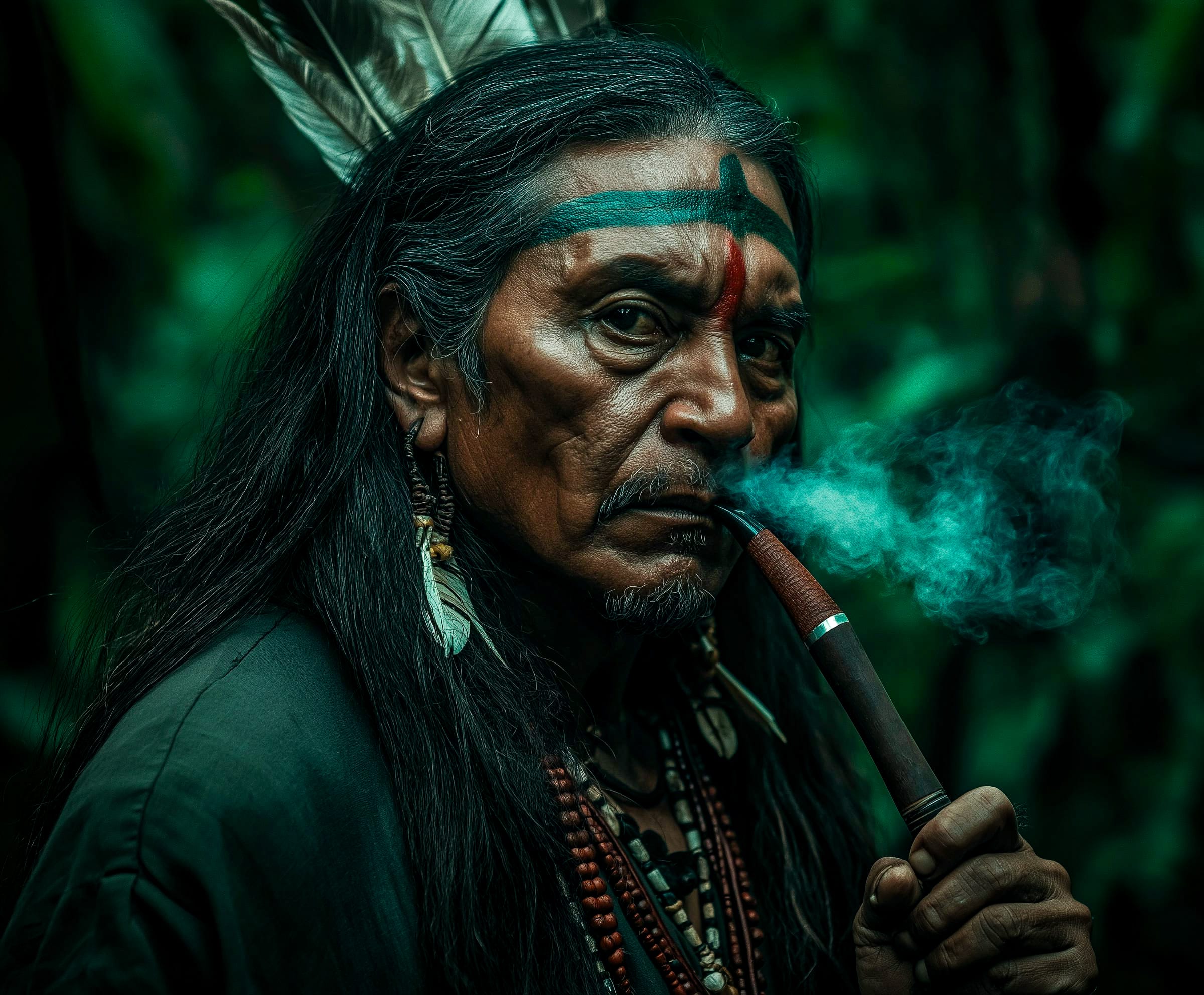 Indigenous man smoking a sacred pipe representing the spiritual origins of tobacco in ceremonial use.