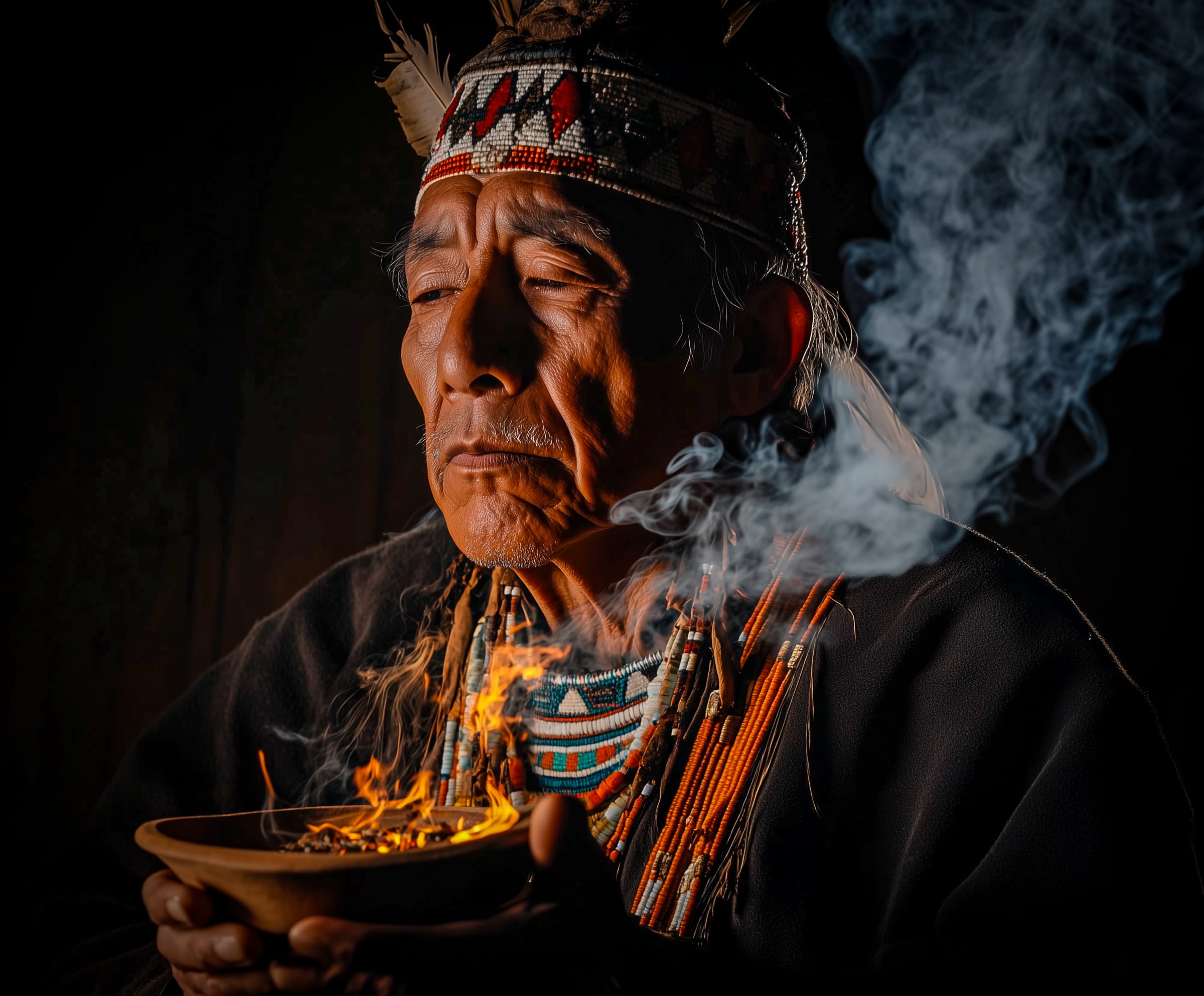 Elder performing a smoke ritual with tobacco and flames, honouring sacred traditions
